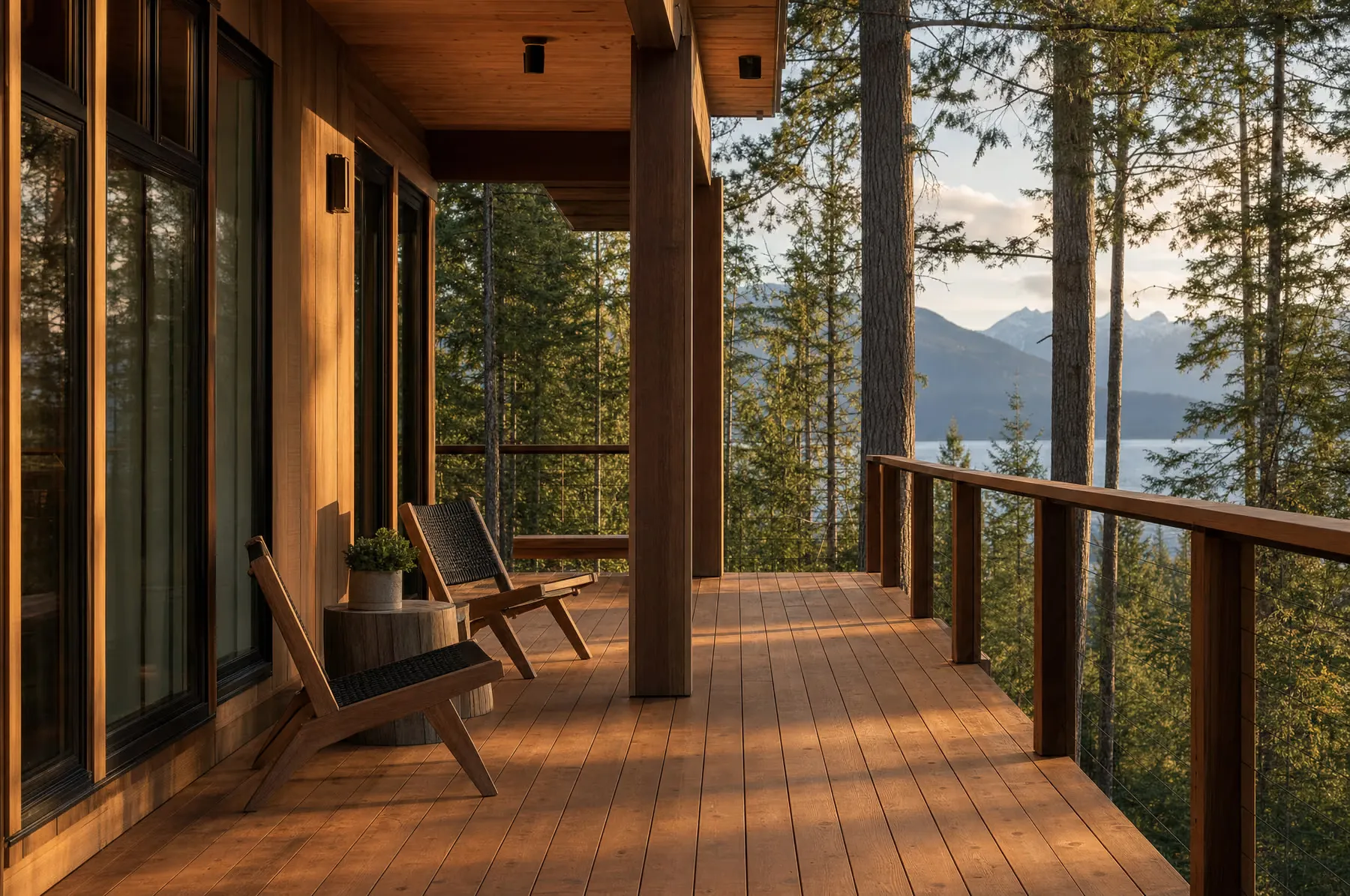 A finished Western Red Cedar deck overlooking forest and mountains in the British Columbia interior