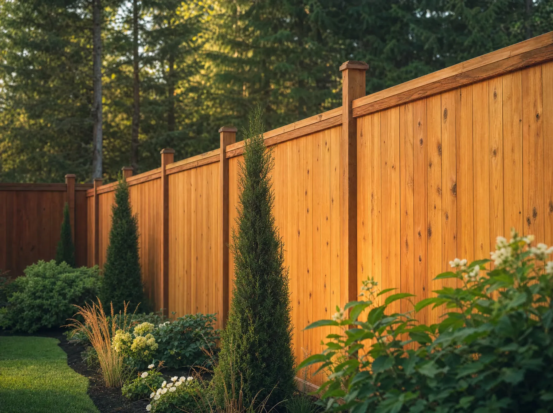 A warm Western Red Cedar privacy fence and posts around a landscaped backyard garden