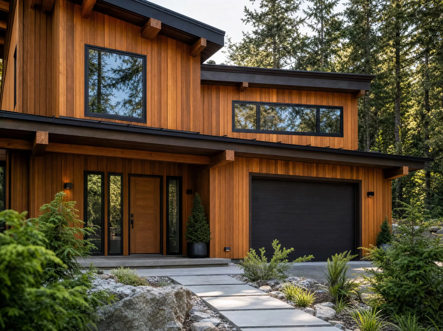 A West Coast home clad in warm Western Red Cedar bevel and channel siding against evergreen forest