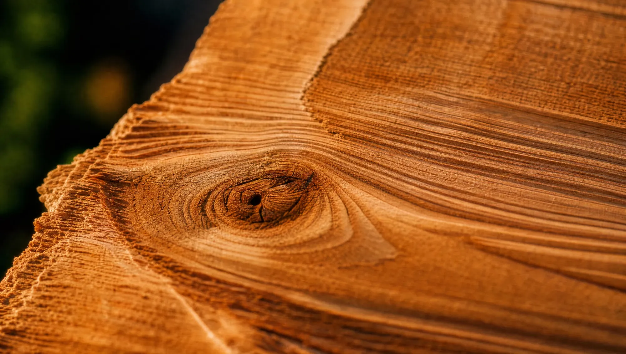 An extreme close-up of Western Red Cedar grain and a tight knot, warm honey tones