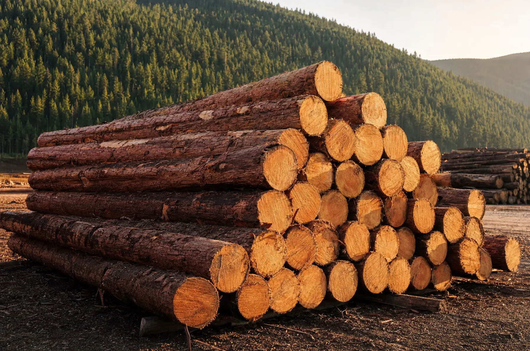 A deck of freshly cut Western Red Cedar logs stacked at the mill yard in interior British Columbia