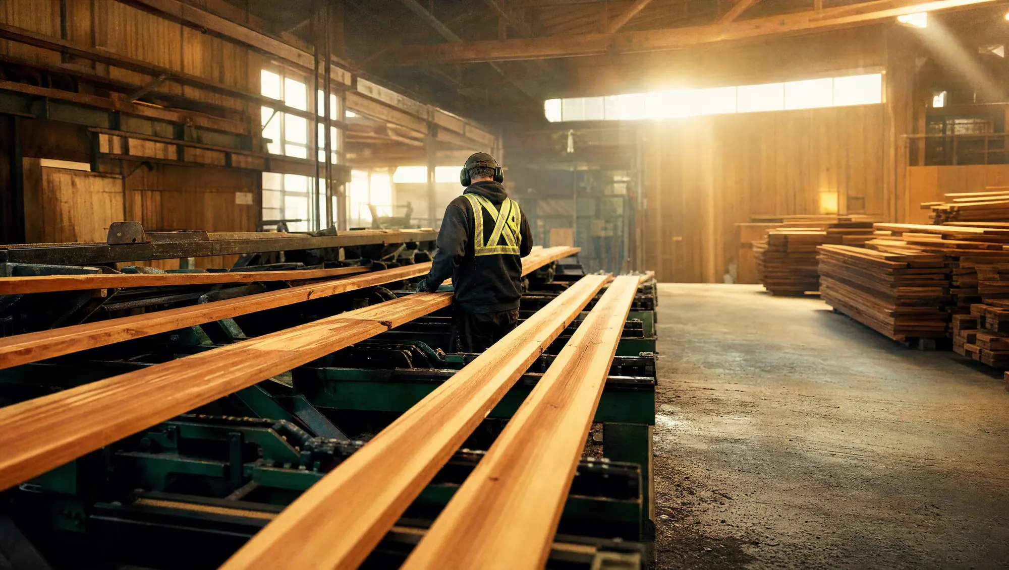A worker grading long fresh-cut Western Red Cedar planks on the sorting line inside the North Enderby Timber mill