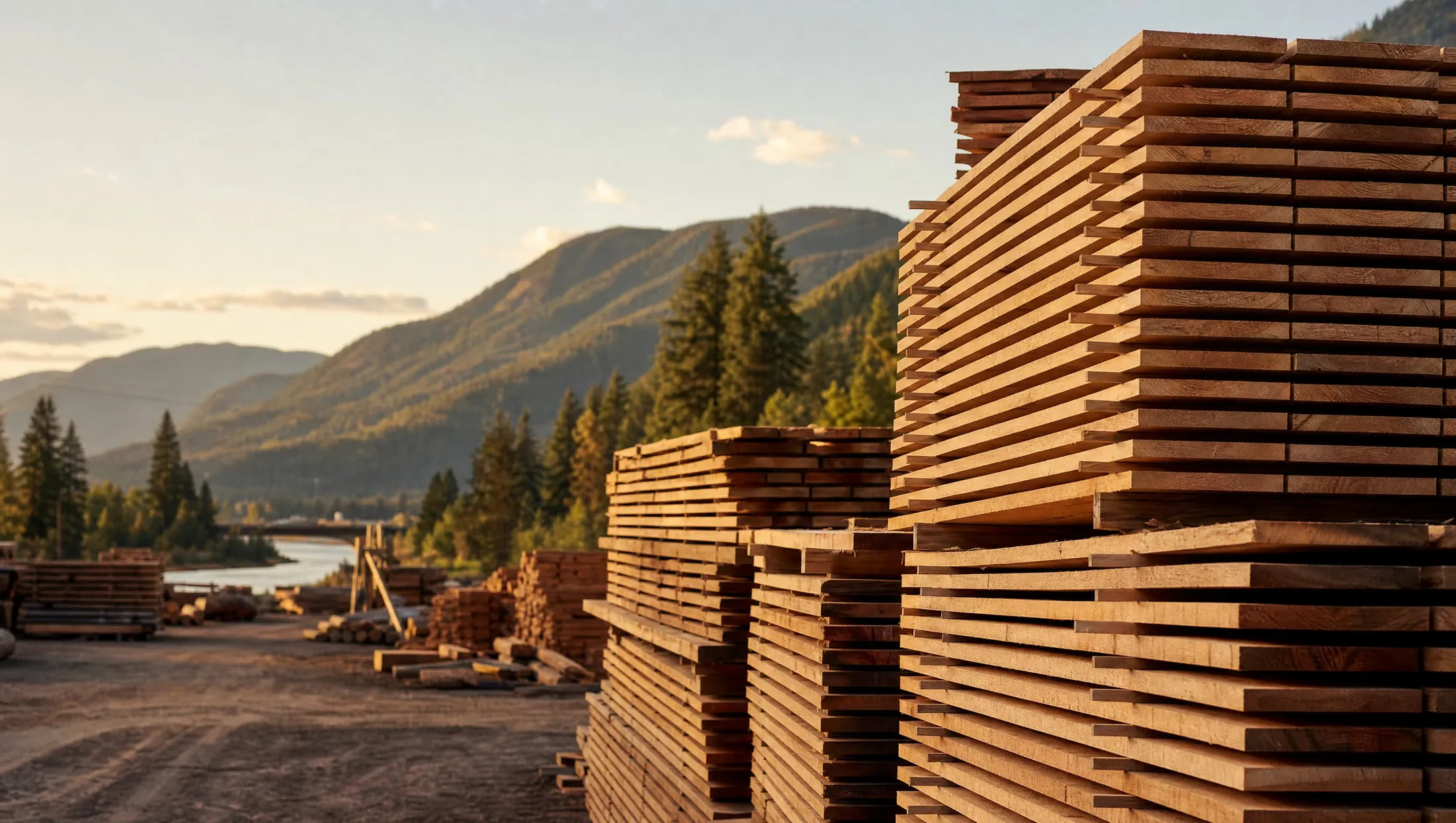 Stacks of freshly milled Western Red Cedar boards air-drying in the North Enderby Timber mill yard, the Shuswap River valley behind at golden hour