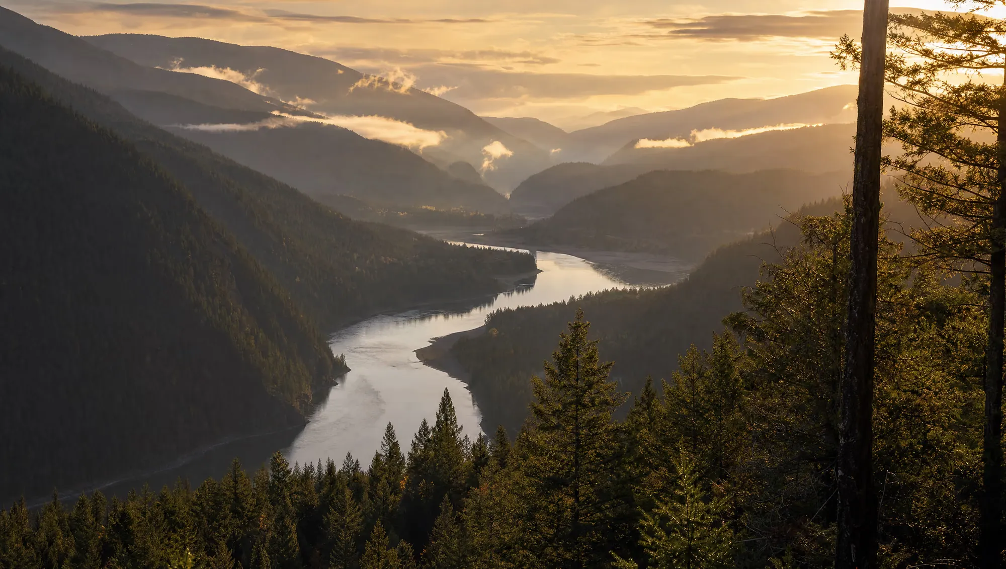 The Shuswap River valley winding through forested mountains at golden hour near Enderby, British Columbia